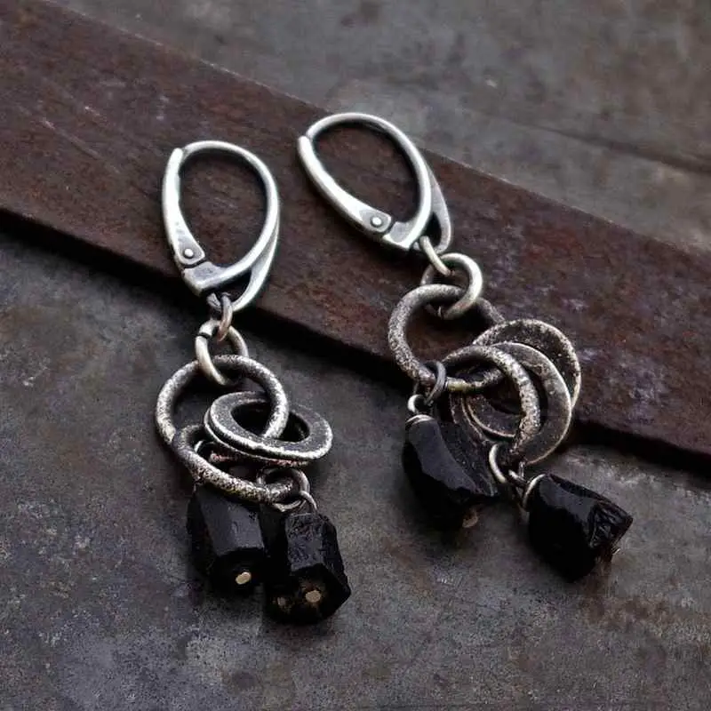Black Tourmaline Raw Silver Earrings