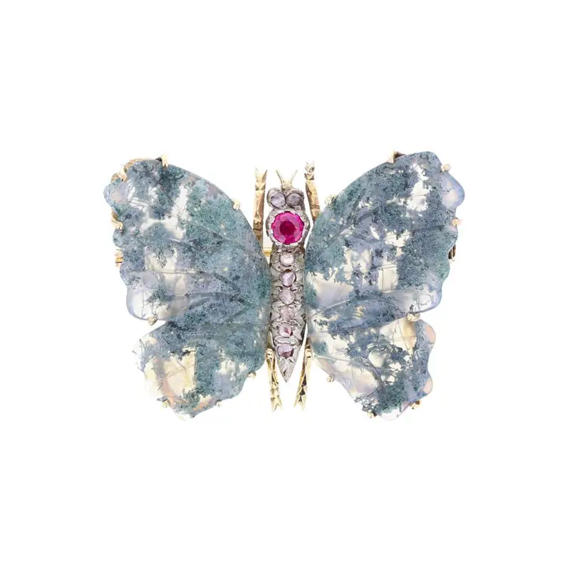 Antique moss agate butterfly brooch