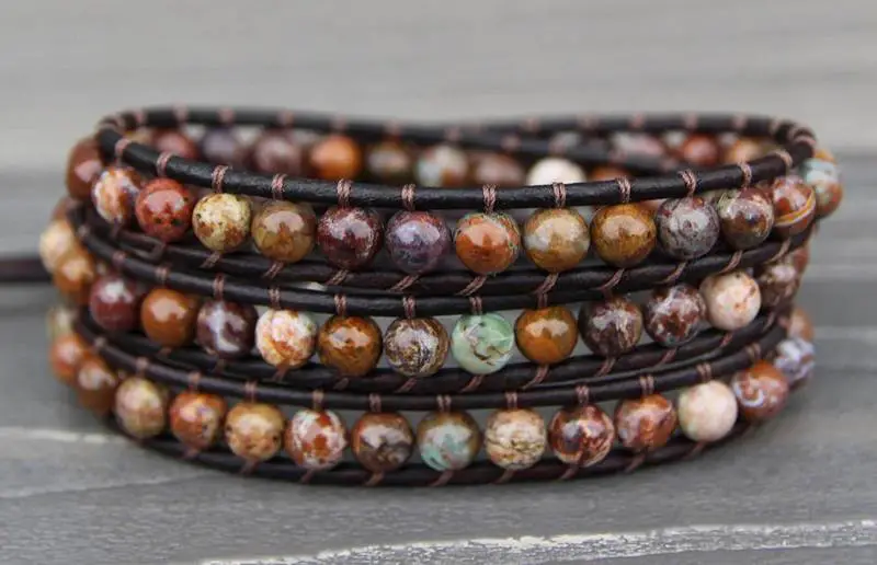 Green Opal Leather Wrap Bracelet
