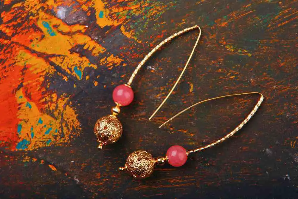 Gold Earrings with Pink Agate