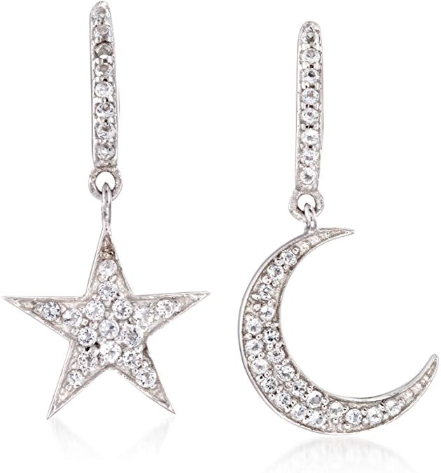 White Topaz Star and Moon Dangle Earrings