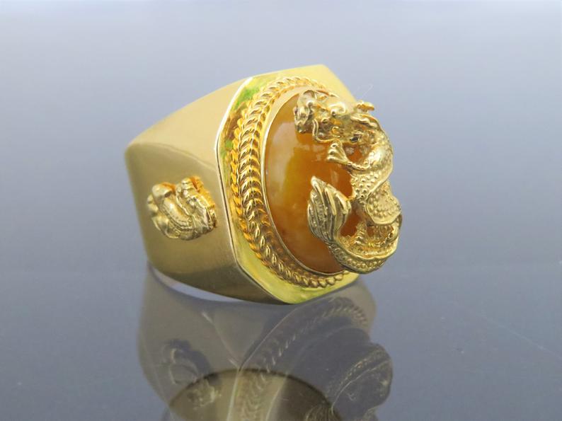 Yellow Jade Ring with Dragon Design