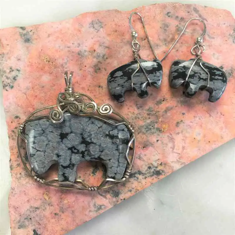 snowflake obsidian pendant and earrings