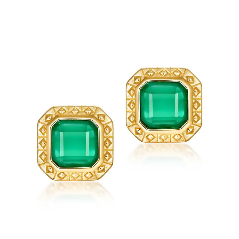 925 Sterling Silver Gold Plated Green Agate Stud Earrings