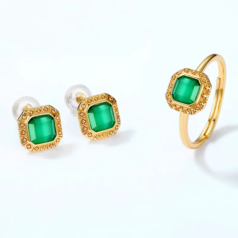 925 Sterling Silver Gold Plated Green Agate Stud Earrings