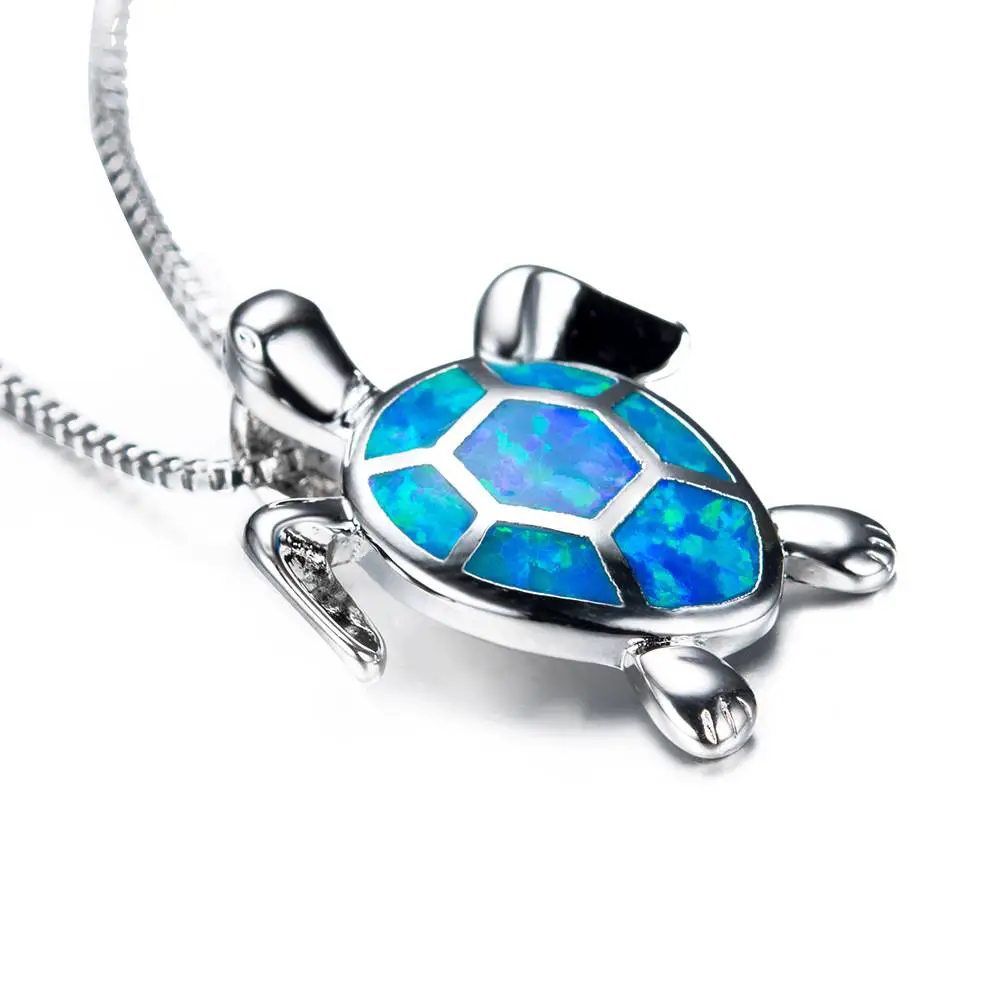 White Blue Green Pink Opal Turtle Pendant Necklace
